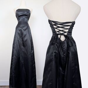 Black Strapless Prom Maxi Dress Petticoat Lace Up Corset Sleeveless Tube Top
